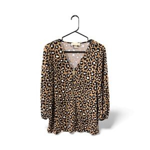 Michael Kors, MK Leopard Print V-Neck Women's Top, Size Medium